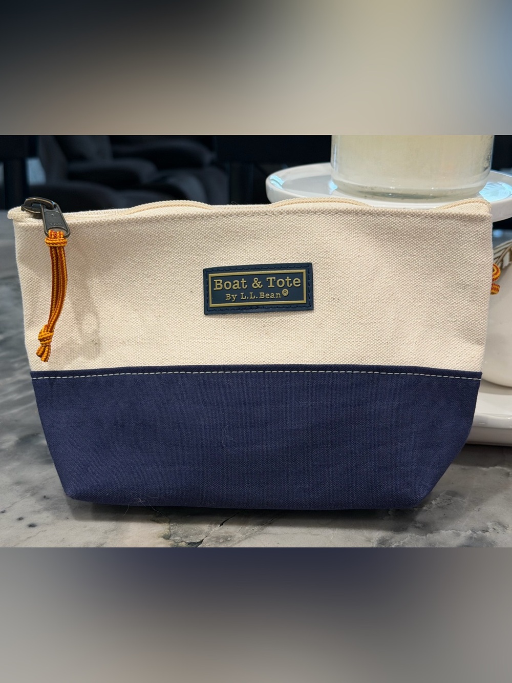 L.L. Bean Boat & Tote Canvas Zip Up Pouch Bag  Navy and Cream Brand New!!